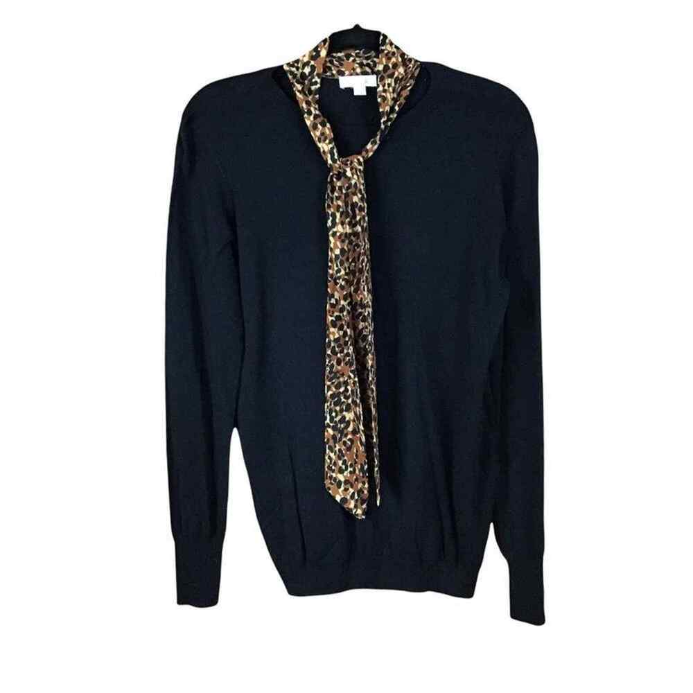 14th & Union Womens Medium Black Sweater Leopard Print Tie Neck Career Pullover